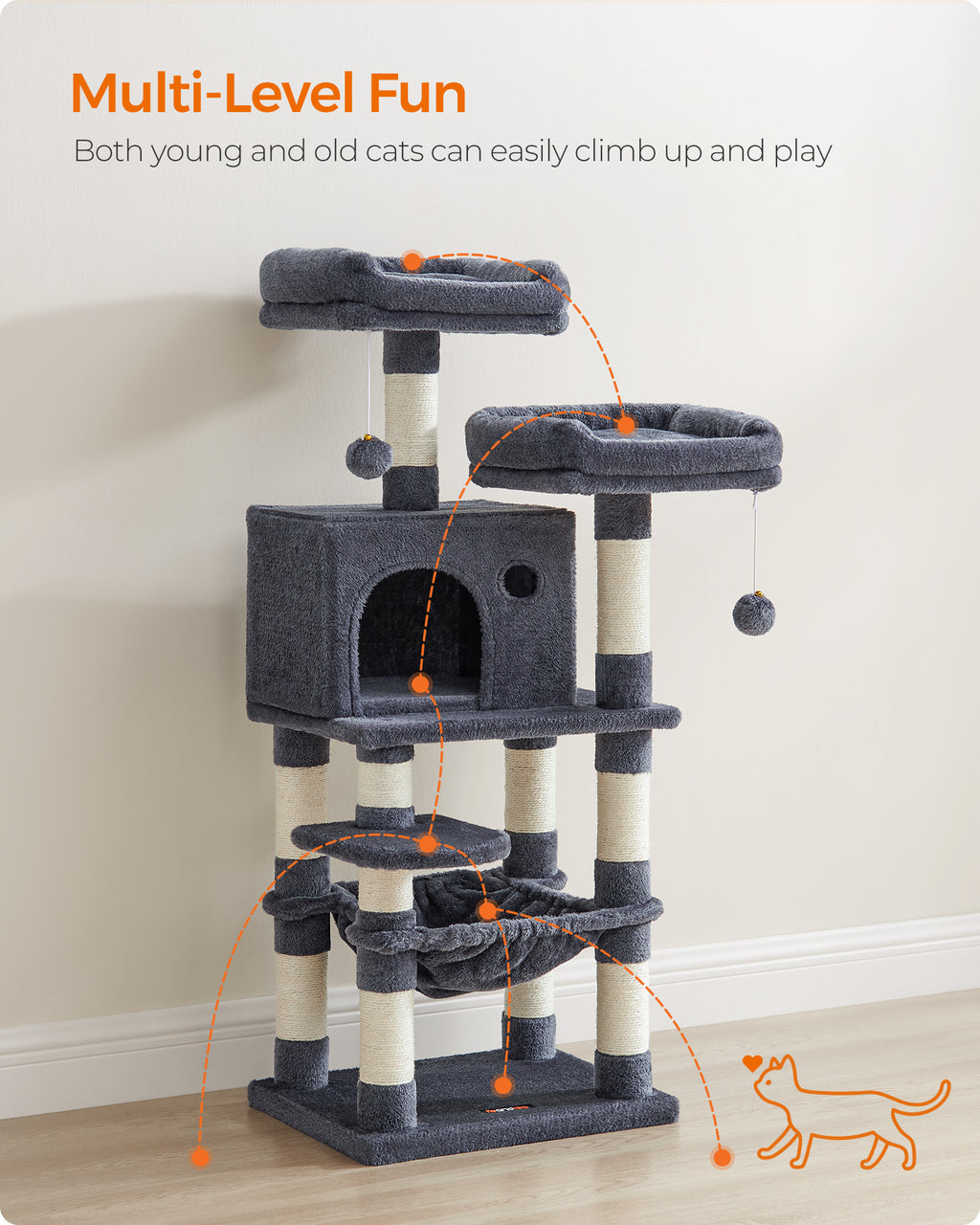 Cat Tree, 44.1-Inch Multi-Level Tower, 11 Scratching Posts