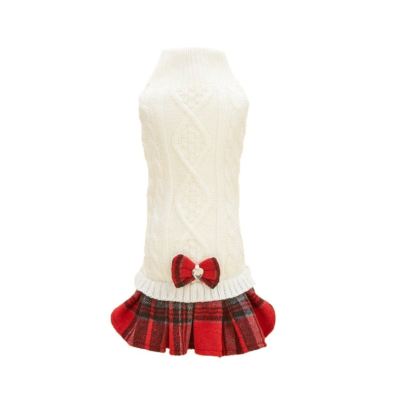 New Pet Clothes White And Gray Knitted Sweater With Bow, Plaid Wool Skirt
