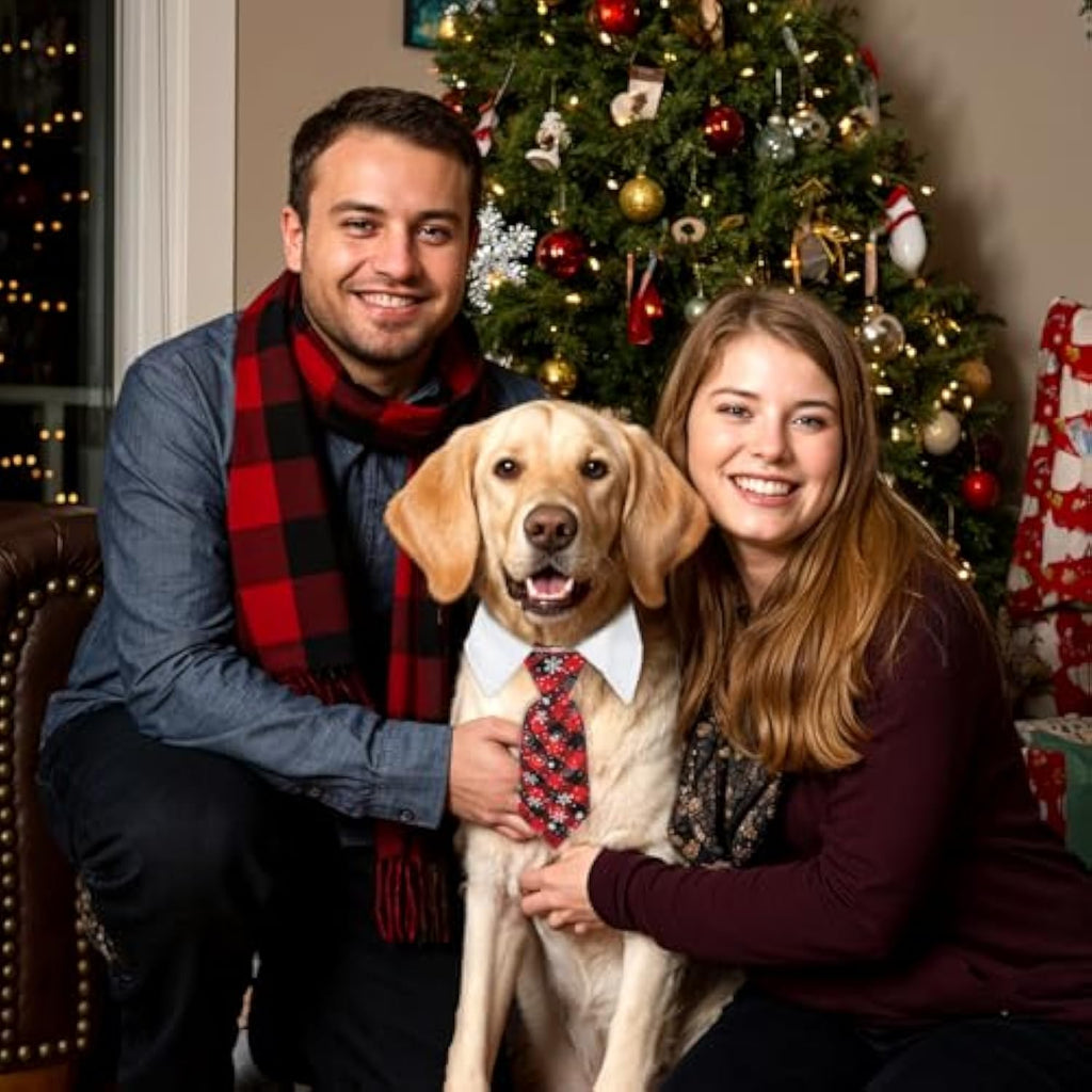 Christmas Dog Necktie, Adjustable Winter Snowflake Pattern Pet Tie Collar With Red Plaid For Small Medium Cat Dog Christmas Weddings Pet Tuxedo Outfit