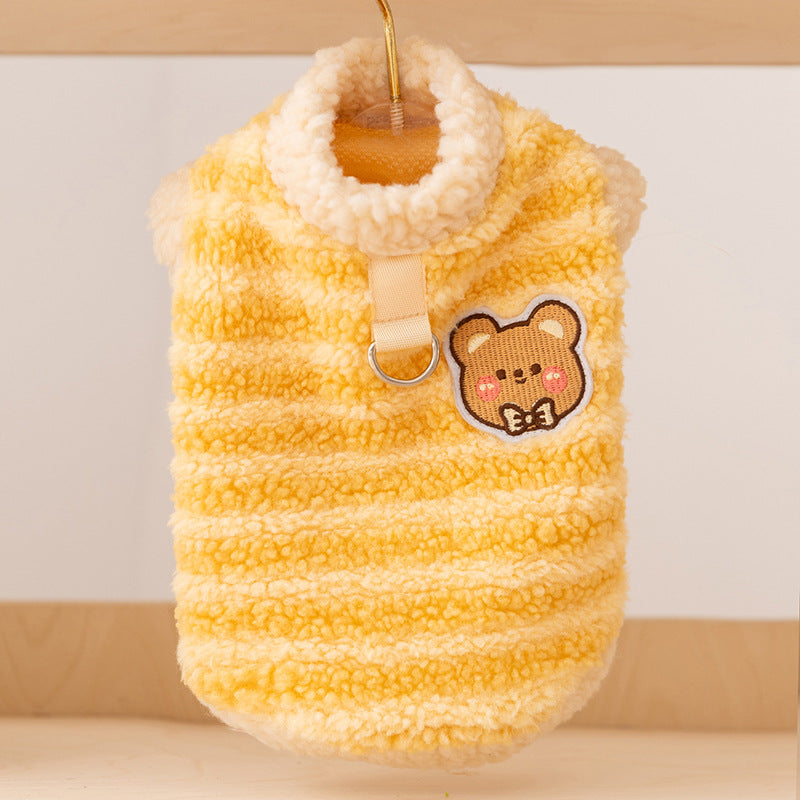 Autumn And Winter Dog Clothing, Warm Striped Lambskin Fleece Drawstring Two-legged Fleece, Small And Medium-sized Dog And Cat Pet Clothing