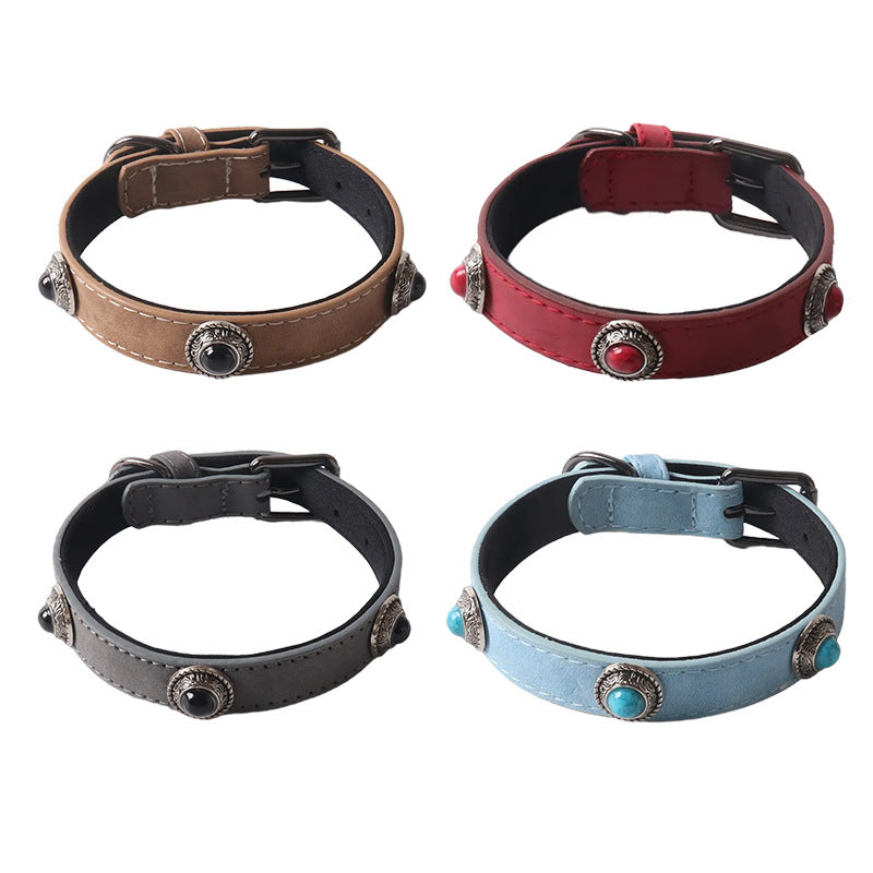PU Leather Cat's Eye Stone Dog Collar