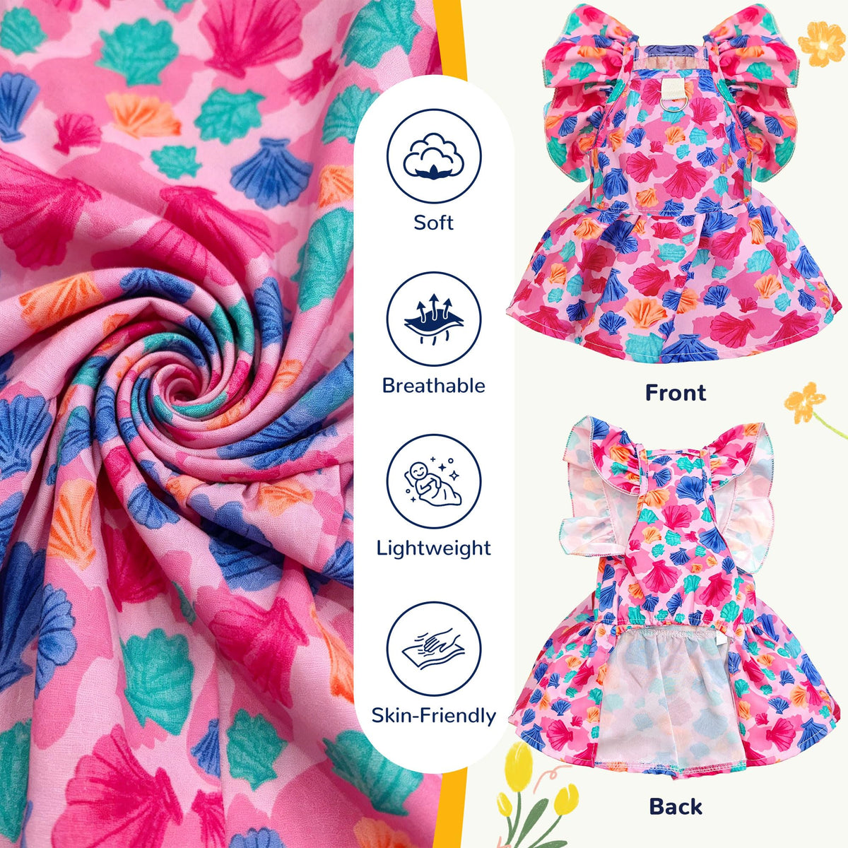 Cute Floral Small Dog Cat Harness Dress Outfits With Bow & Leash D-Ring,Soft Breathable Summer Ruffle Puppy Clothes Girl,3-Way Styling Female Dog