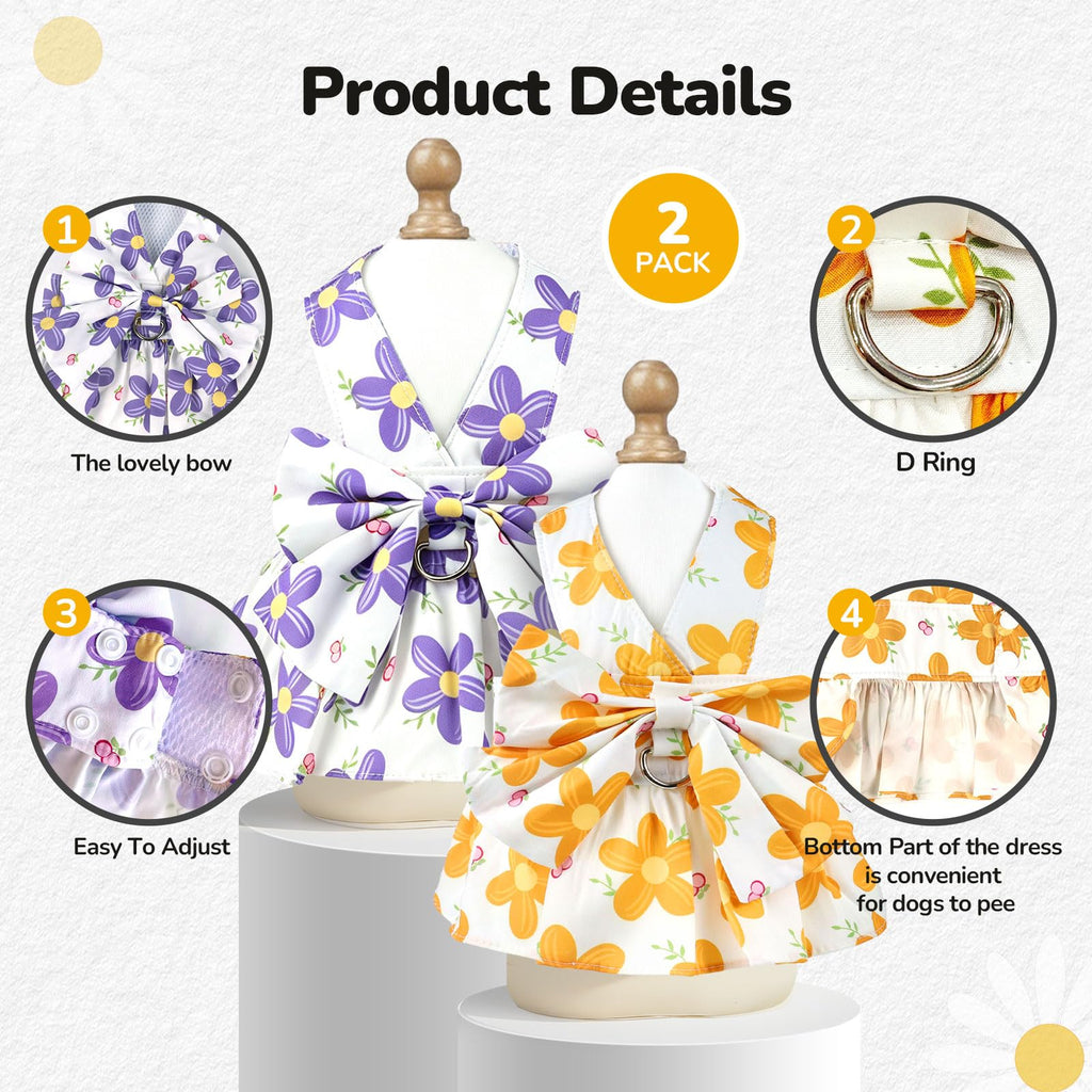 2Pack Small Dog Harness Dress For Girl Puppy Cat Dress With Flower Pattern Bow Adjustable Breathable Lining Back D-Ring Cute Outfits For Small Puppy
