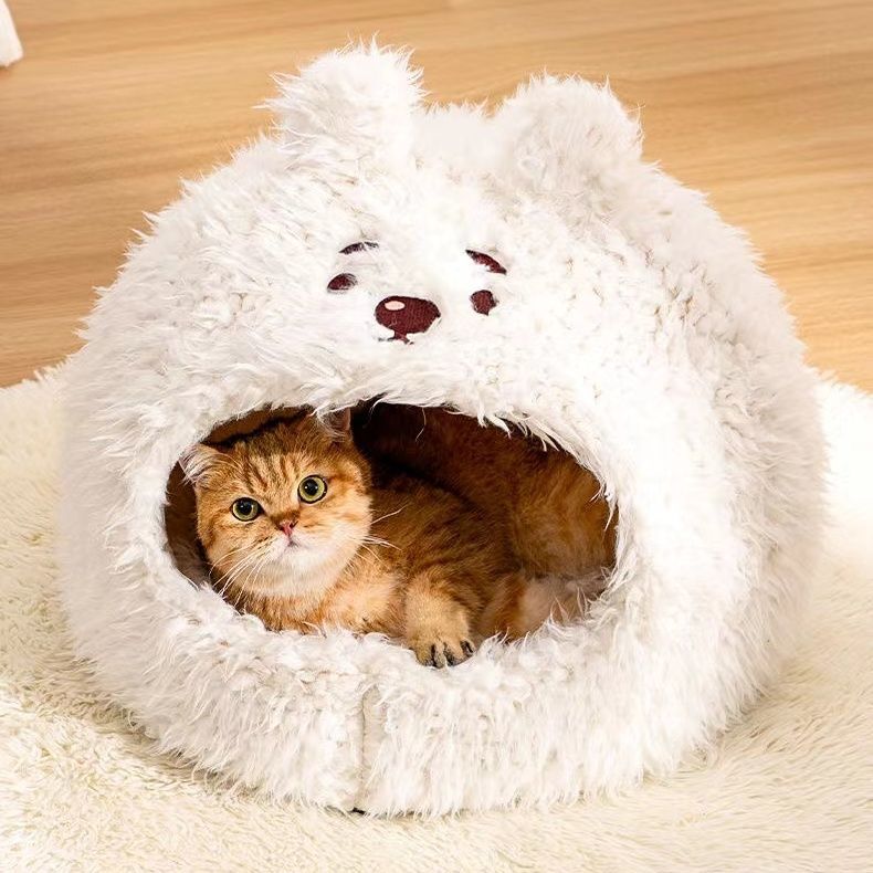 Semi Closed Pet Cat Nest Dog Sleeping Nest Warm Winter Yurt Plush Animal Models Cute Pet Velvet Nest
