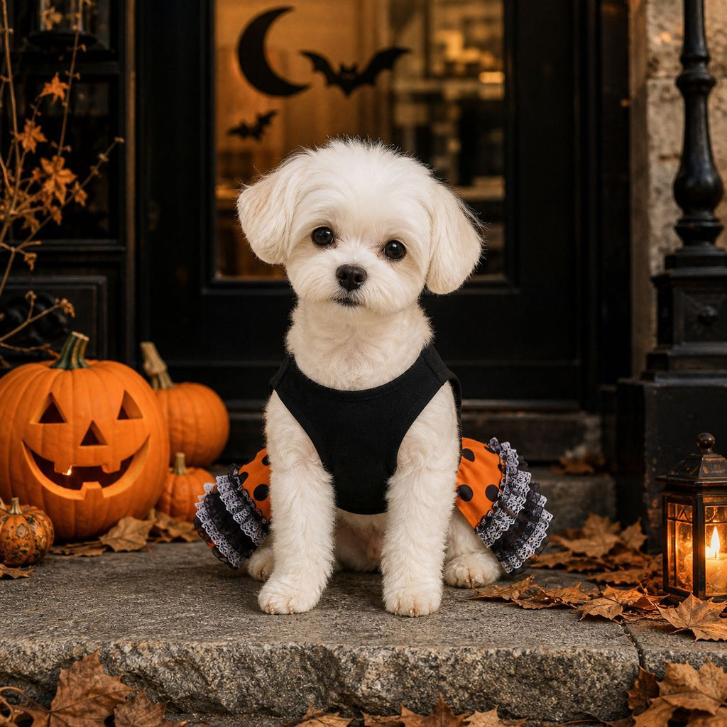 Halloween Dog Dress, Cute Pet Tutu Skirt With Orange Black Polka Dots Lace Bow, Puppy Party Costume For Small Medium Dogs, Bichon Maltese Teddy