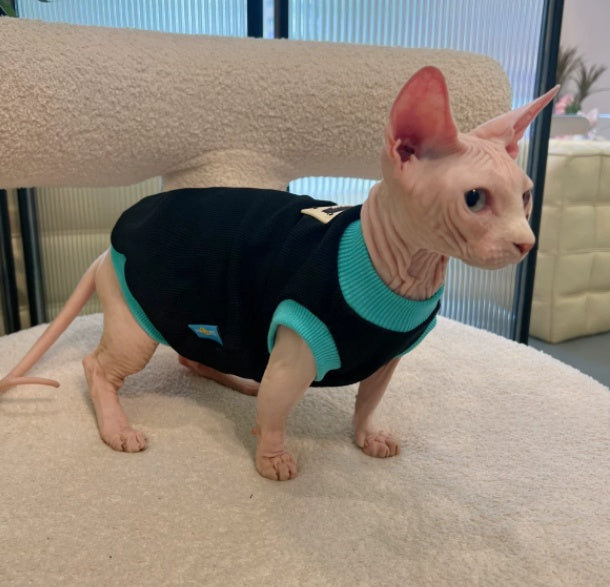 Sphynx Cat Black T-shirt Blue Trim Cotton Sleeveless Spring Summer Clothes for Hairless Cats