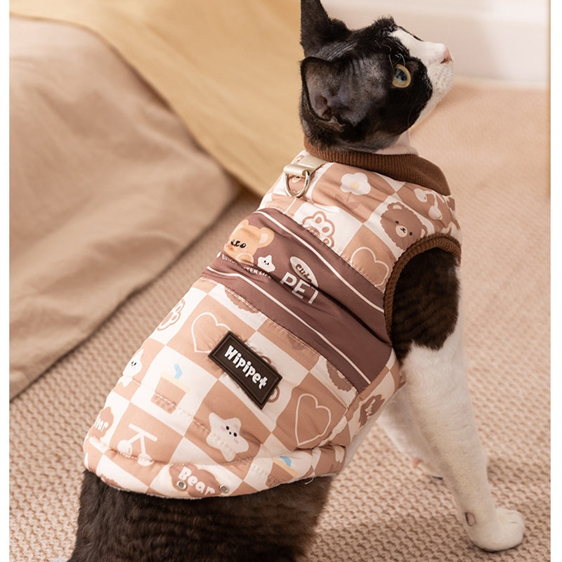 Thick And Warm Two-legged Cotton-padded Clothes For Cats In Autumn And Winter, Fully Printed Retro And Traceable Vests. Dog Pet Clothing
