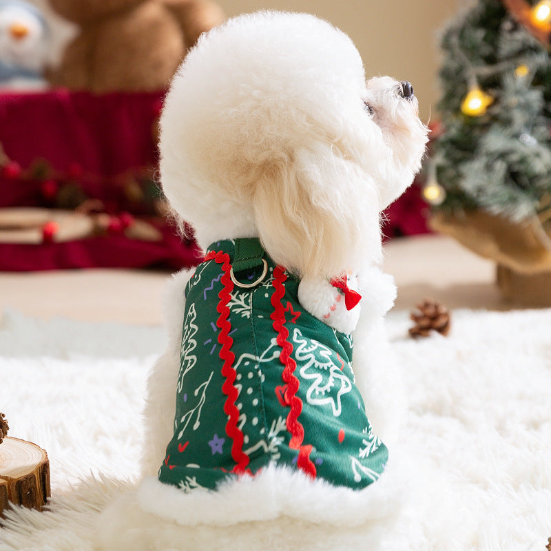 Christmas Dog Shirt With Snowman Patch, Warm Plush Pet Winter Clothes For Small Dogs, Green Holiday T-Shirt With Christmas Tree Print And D-Ring