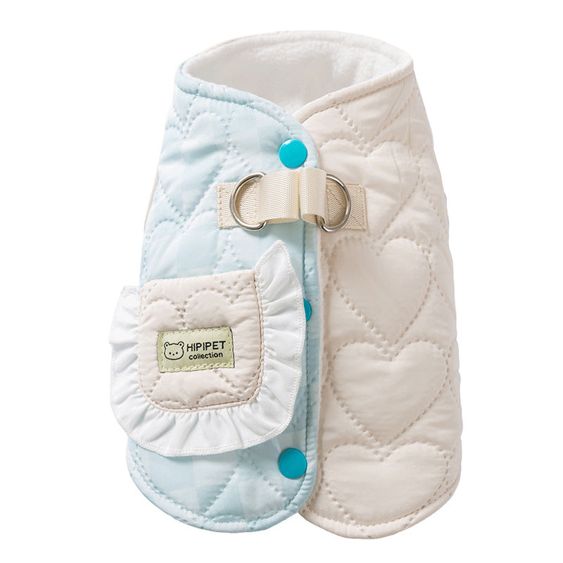 For Autumn And Winter, There Are Thick And Warm Heart-shaped Checkered Pocket Towing Vests, Cotton-padded Clothes, And Two-legged Pet Dog Clothes For