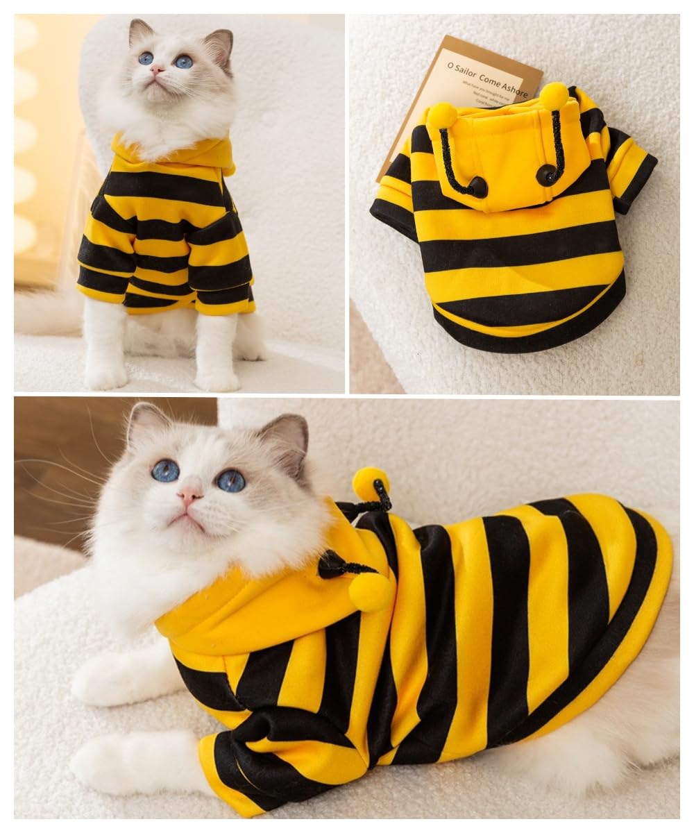 Cute Cat Bee Costume - Pet Halloween Apparel Bumble Bee Cosplay Clothes Antennae, Soft Warm Fleece Hoodie For Cats, Kittens, And Small Dogs, Perfect