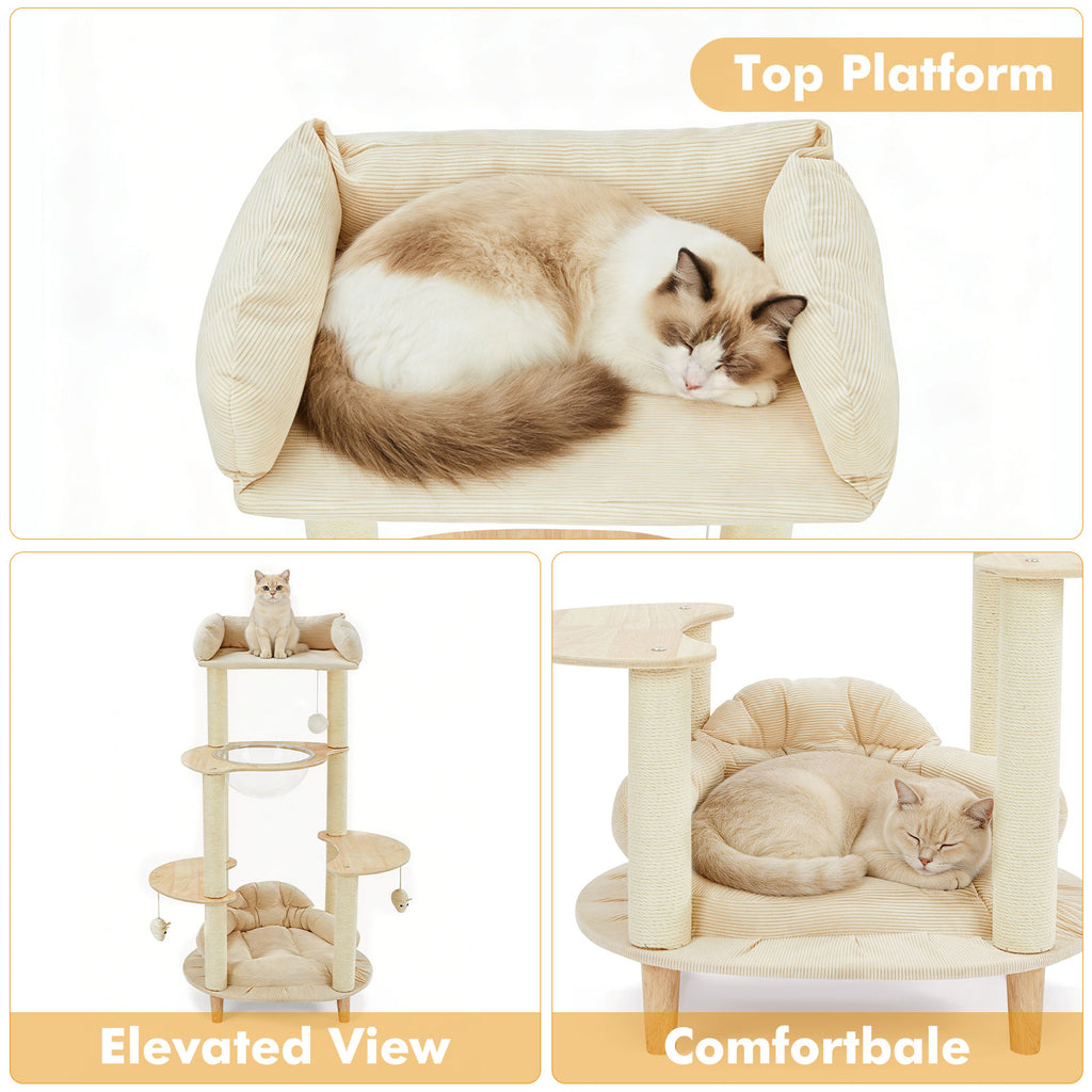 Modern Heavy-Duty No-Drill 4-Tier Solid Wood Cat Tree- 45.7in Multi-Cat Tower With Cozy Bed, Capsule & Extra Wide Perch