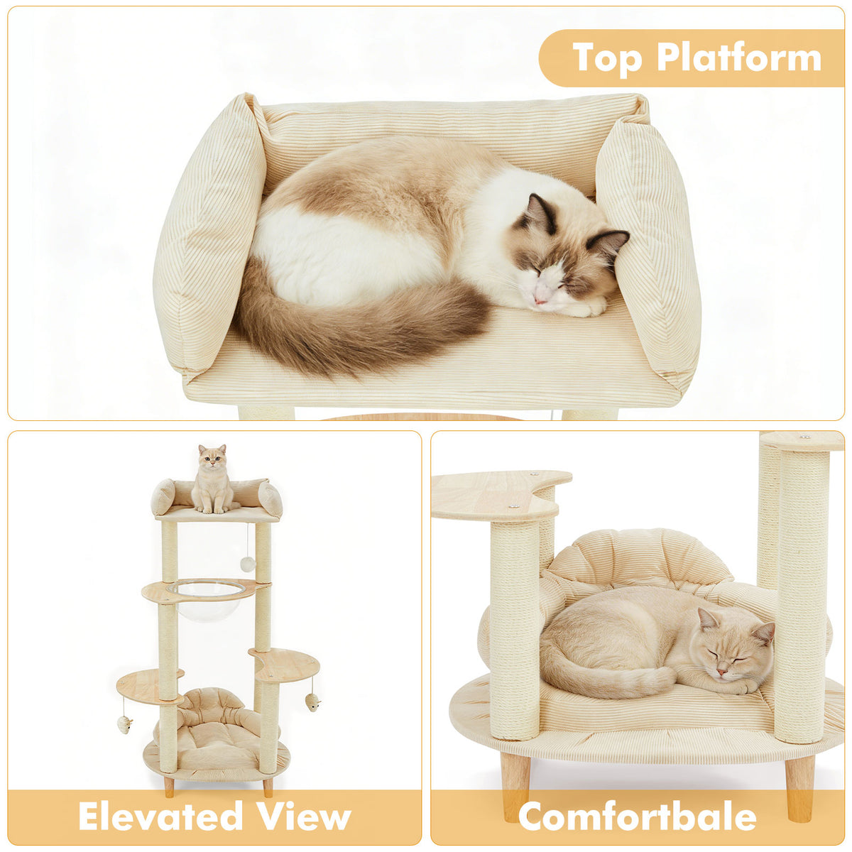 Modern Heavy-Duty No-Drill 4-Tier Solid Wood Cat Tree- 45.7in Multi-Cat Tower With Cozy Bed, Capsule & Extra Wide Perch