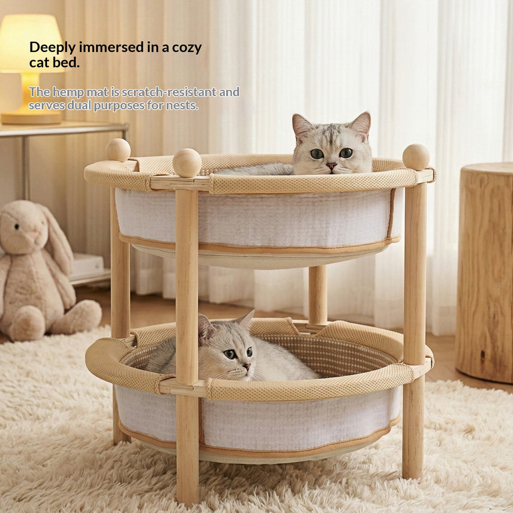 Double-Layer Large Wooden Round Cat Bed With Scratching Post