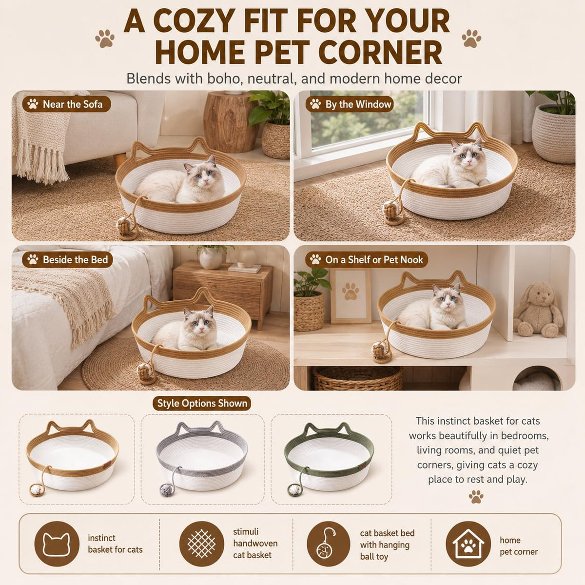 Basket For Cats, 35&40&46cm Stimuli Handwoven Cat Basket Bed With Cat Ear Handles, Cotton Rope Cat Basket Bed Ball Rope, Indoor Use For All Cats