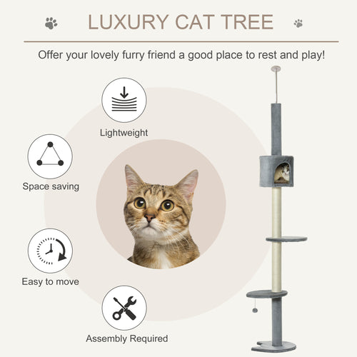 100" Cat Tree Height Adjustable Floor-to-Ceiling 4-Tier Kitty Climbing Activity Center Condo Cat Toy with Scratching Post Hanging Balls Play Rest Post
