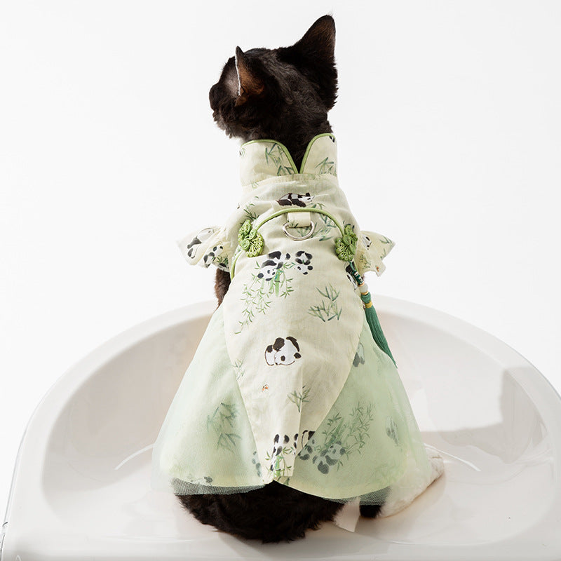 Sphynx Cat Summer Dress With Buckle For Leash Pandas Bamboo Pattern