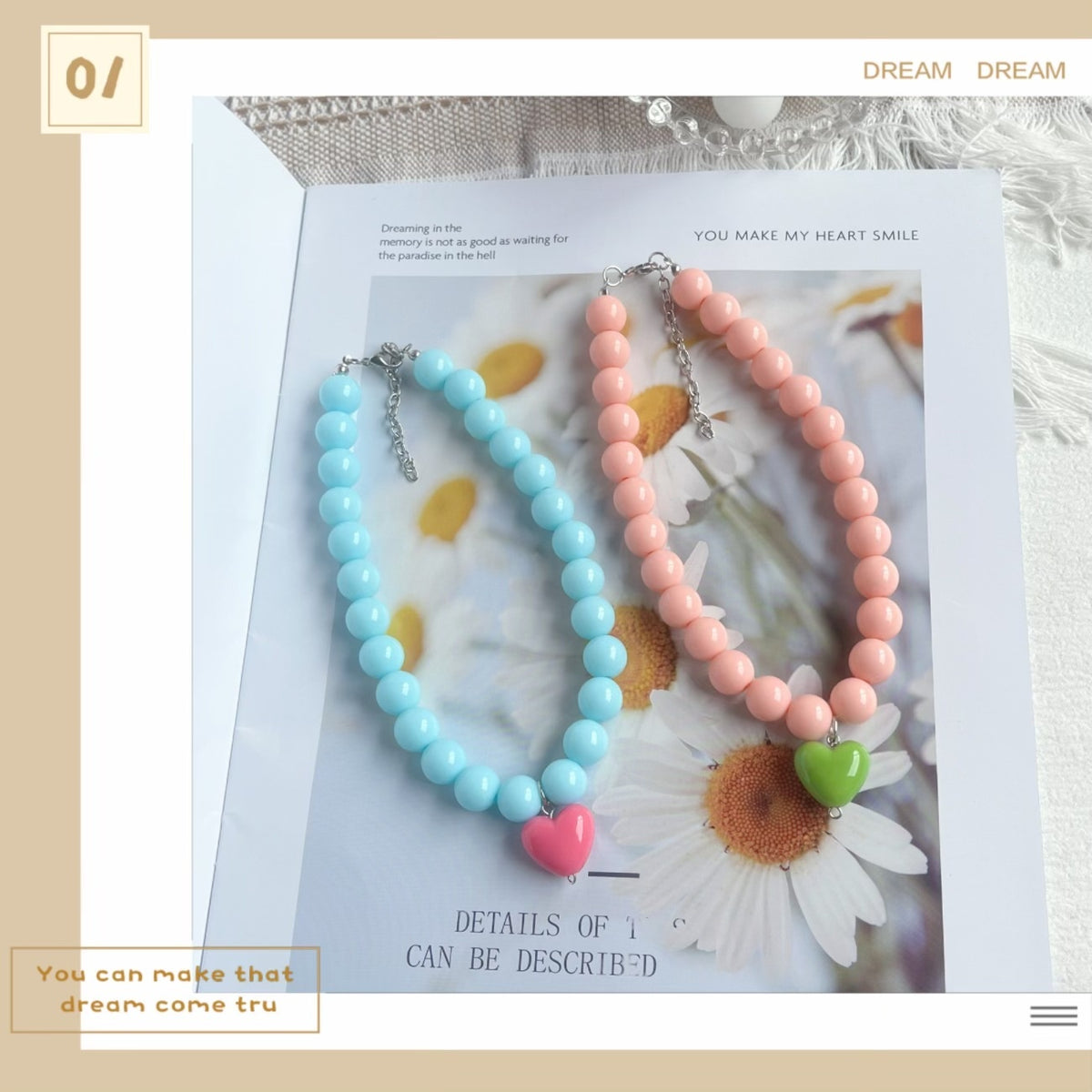 Color-block Heart-gradient Necklace With A Cat