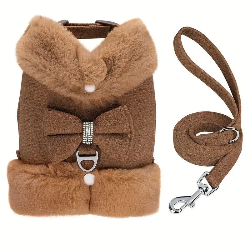 Cute Warm Small Dog Harness And Leash Set With Bow Tie, Soft Padded Puppy Harness With Removable Fur Collar, Adjustable Girl Dog Harness With Quick