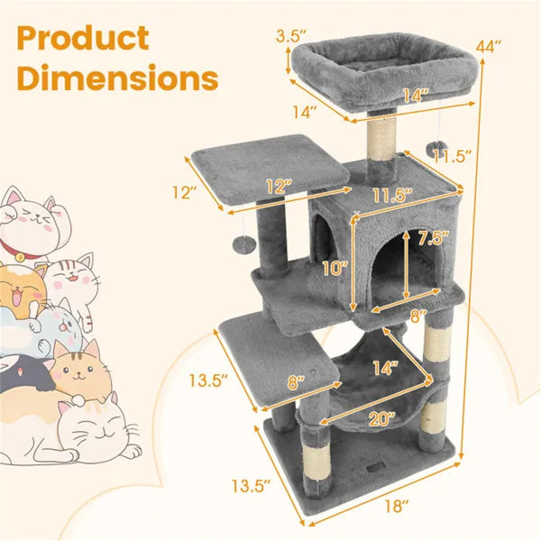 44" Multi-Level Cat Tree With Spacious Top Perch, 2-Door Condo & Hammock For Indoor Cats -Light Gray