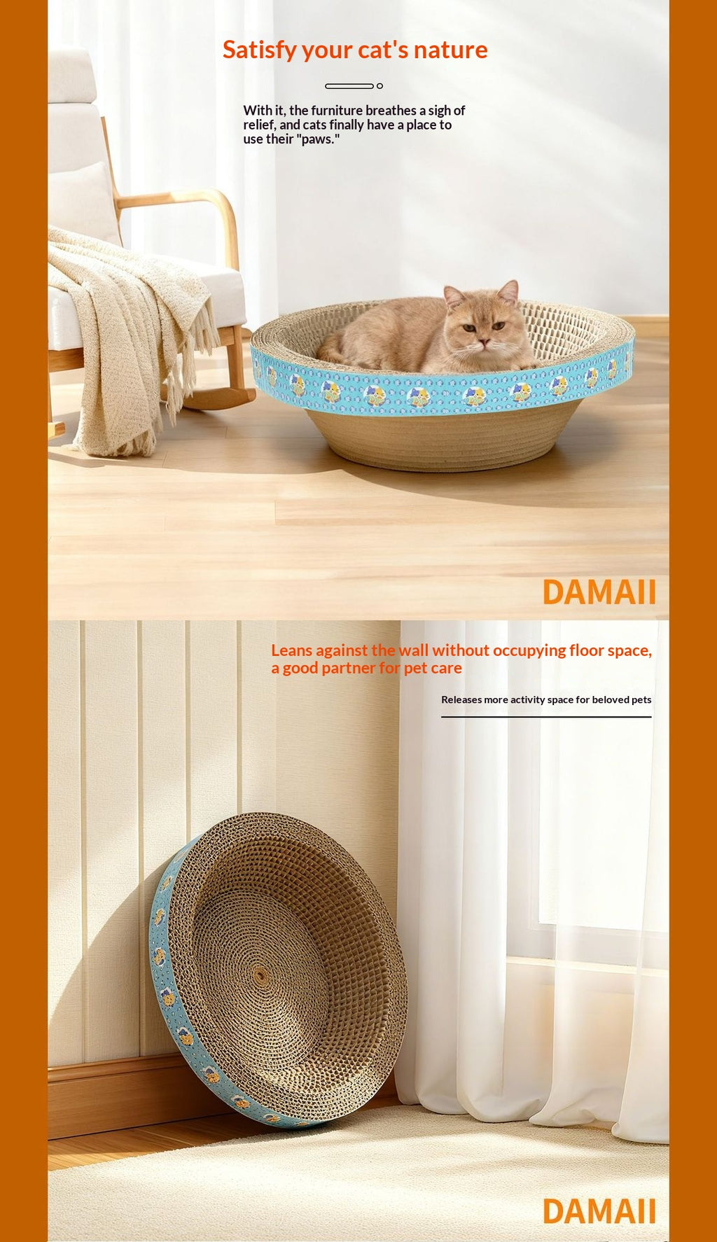 Extra Large Round Wear-Resistant Corrugated Cardboard Cat Scratcher Bowl & Low-Shedding Sofa Protector.