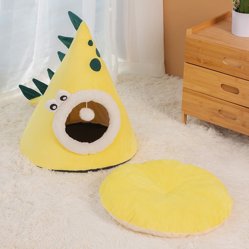 Four Seasons Universal Yellow Dinosaur Shape Cat Nest Fully Closed Warm