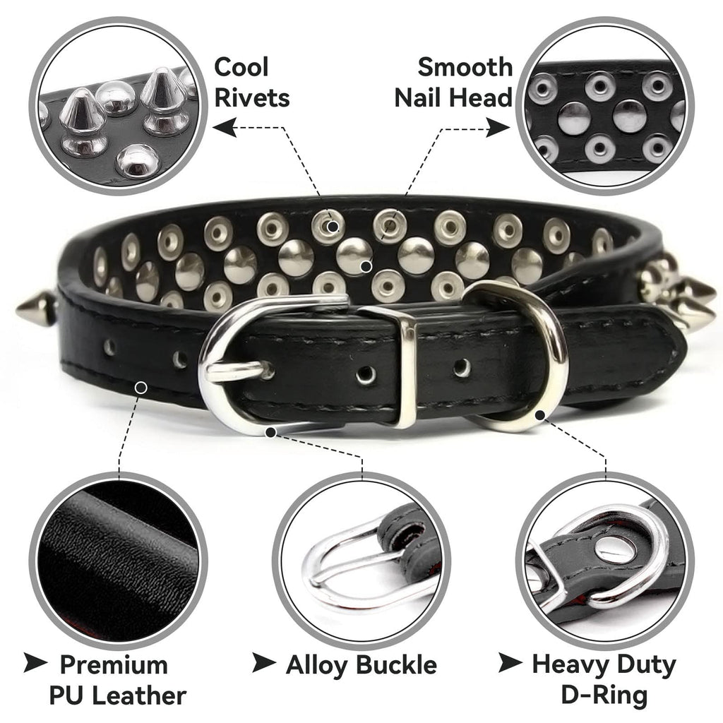 Small Spiked Black Dog Cat Collar For Small Medium Dogs Boy Male - Adjustable Studded Puppy Collars - Soft Padded Punk Leather Dog Collar For