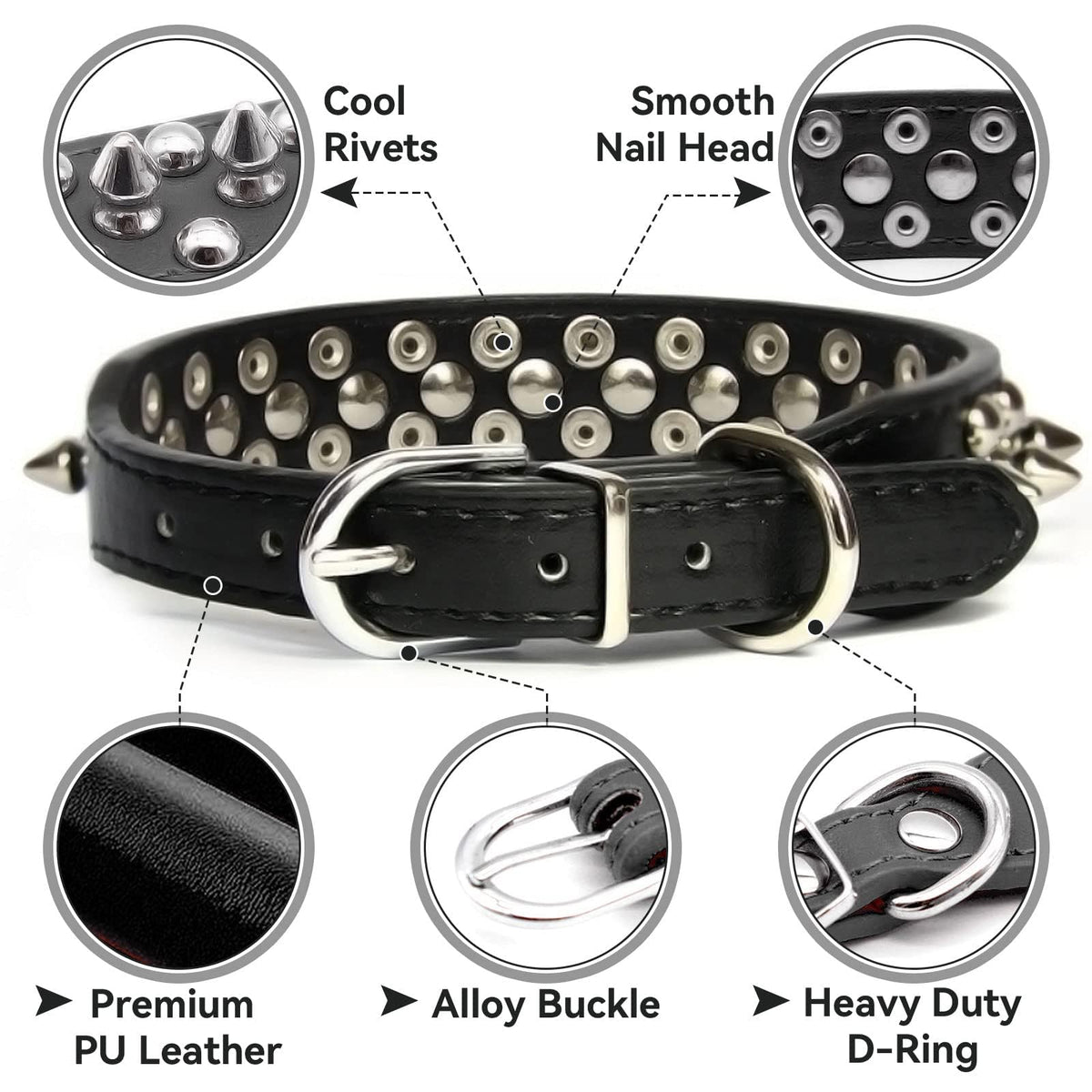 Small Spiked Black Dog Cat Collar For Small Medium Dogs Boy Male - Adjustable Studded Puppy Collars - Soft Padded Punk Leather Dog Collar For