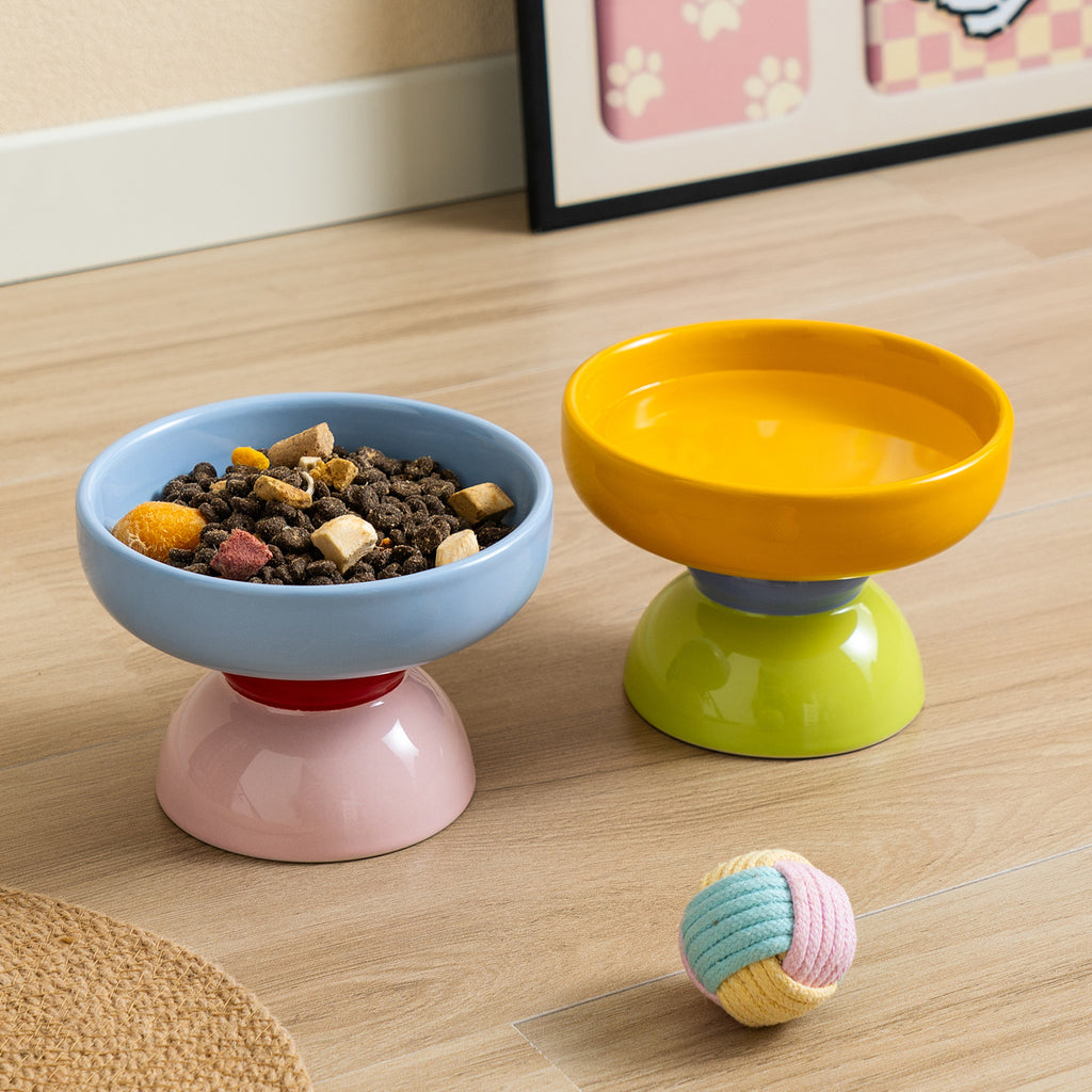 Macaron Color-Block Ceramic Elevated Pet Bowl