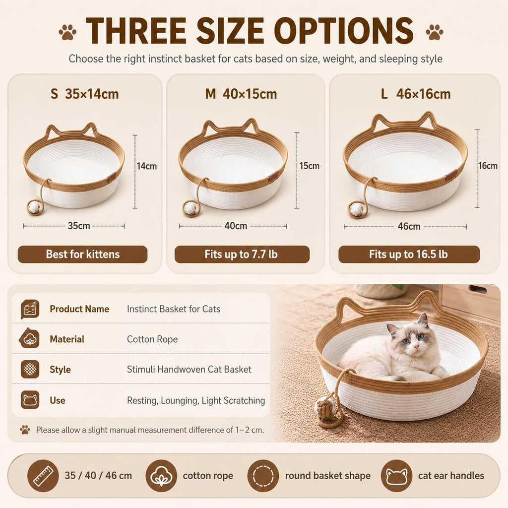 Basket For Cats, 35&40&46cm Stimuli Handwoven Cat Basket Bed With Cat Ear Handles, Cotton Rope Cat Basket Bed Ball Rope, Indoor Use For All Cats