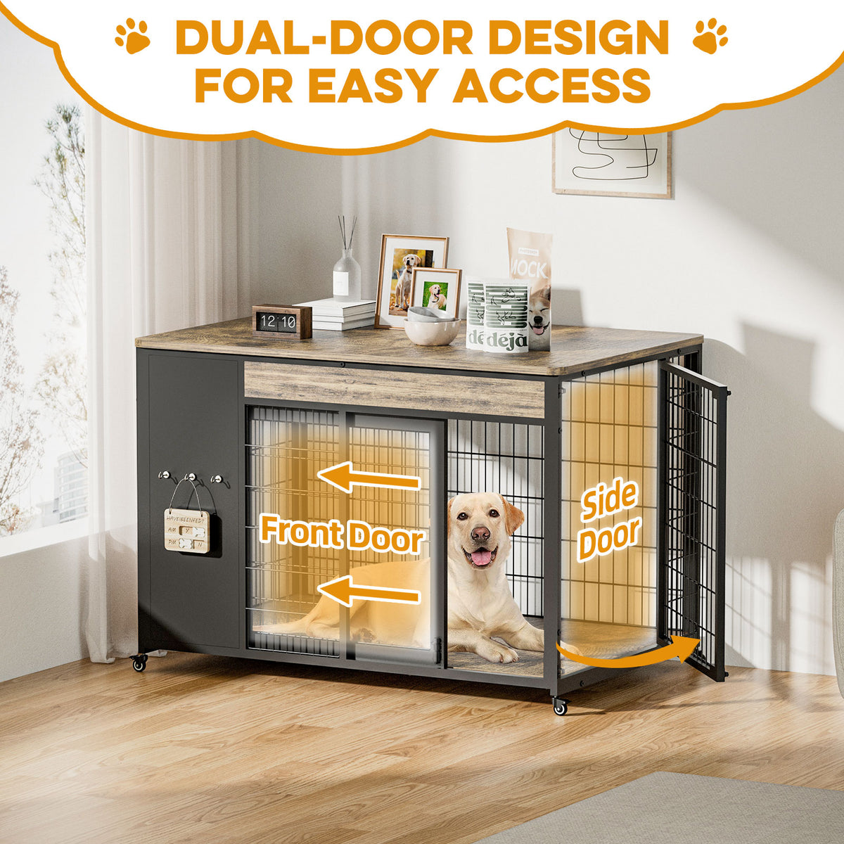42-Inch Double Wide Wooden Double-Door Dog Crate Side Table Combo - Heavy-Duty DIY Assembly, Chew-Resistant Construction, Indoor Living Room