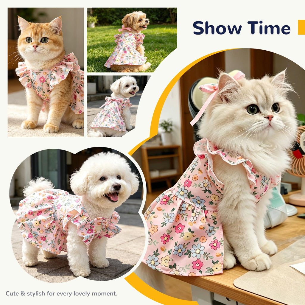 Cute Floral Small Dog Cat Harness Dress Outfits With Bow & Leash D-Ring,Soft Breathable Summer Ruffle Puppy Clothes Girl,3-Way Styling Female Dog
