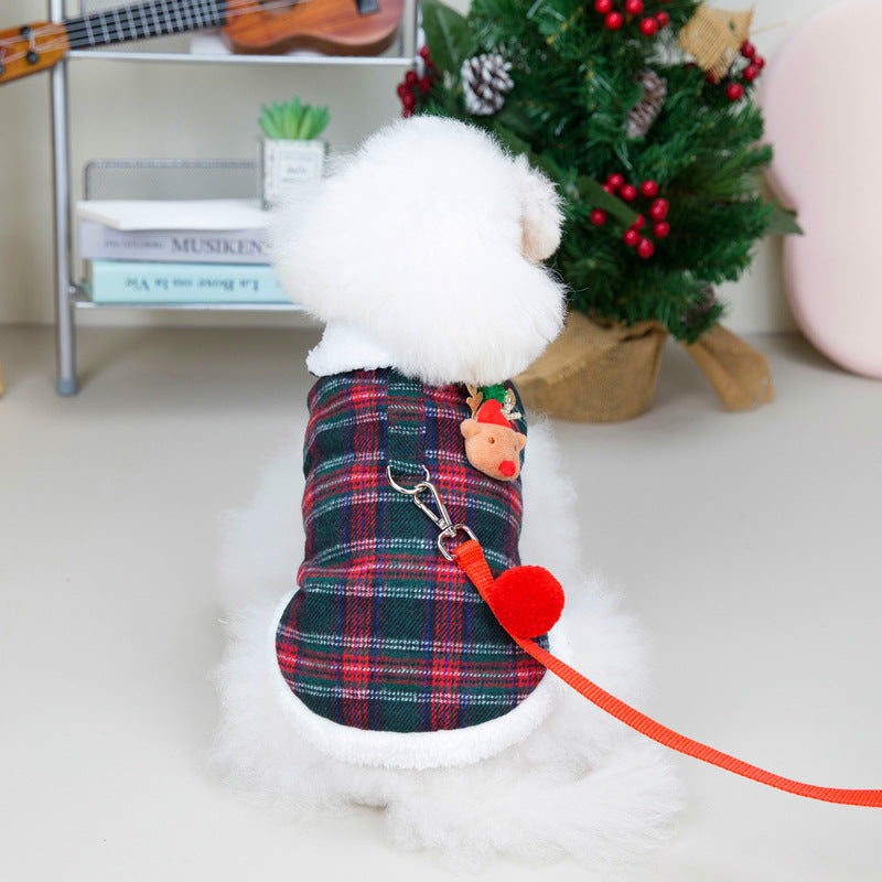 Pet Clothing Two-leg Cotton-padded Clothes Christmas Plaid Vest