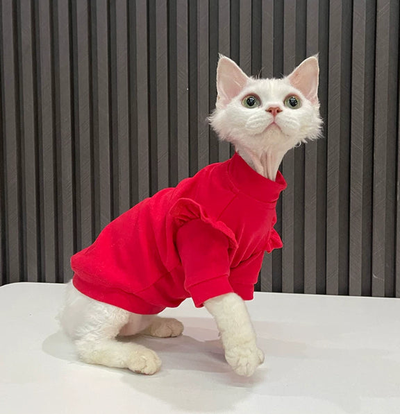Red T-shirt With Ruffles Hairless Cat Clothing Sphynx And Devon Rex Apparel