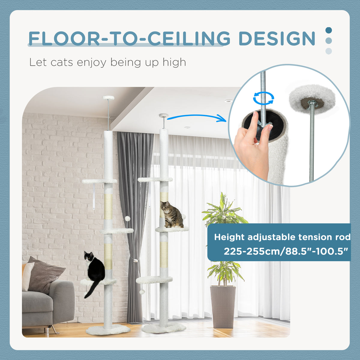 8.4 Floor to Ceiling Cat Tree, Adjustable Height, White