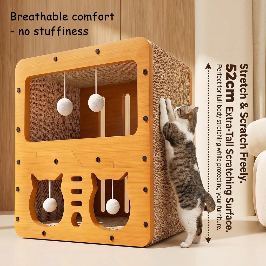 2 Styles Double Layer Cat Scratcher House Multifunctional Corrugated Paper Cat Nest Villa Large Space Cat Cave Bed With Hanging Ball Toy Wear