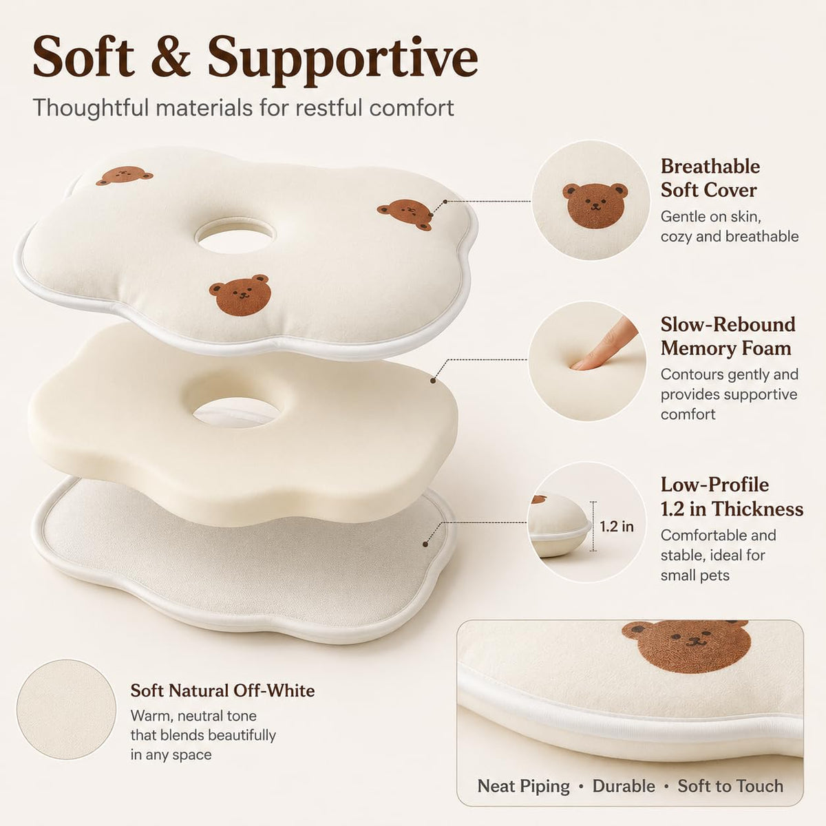 Soft Memory Foam Pet Pillow For Small Dogs And Puppies - Ergonomic Bear-Shaped Cushion For Head And Neck Support, Cozy Nap Bed For Home And Travel