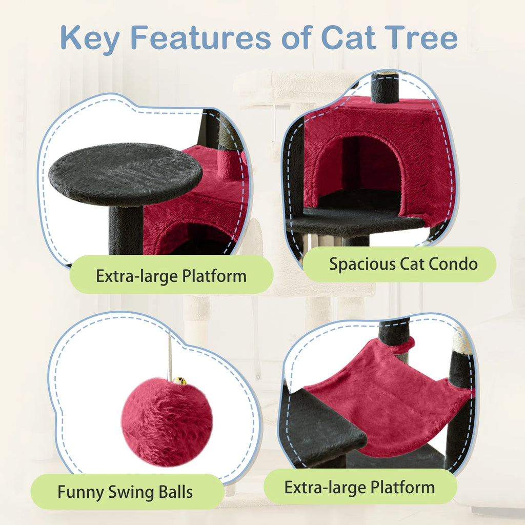 44 inch Cat Tree Tower, Multi-Cat Climbing Tower with, Natural Sisal Scratching Posts, Extended Platform, Hammock