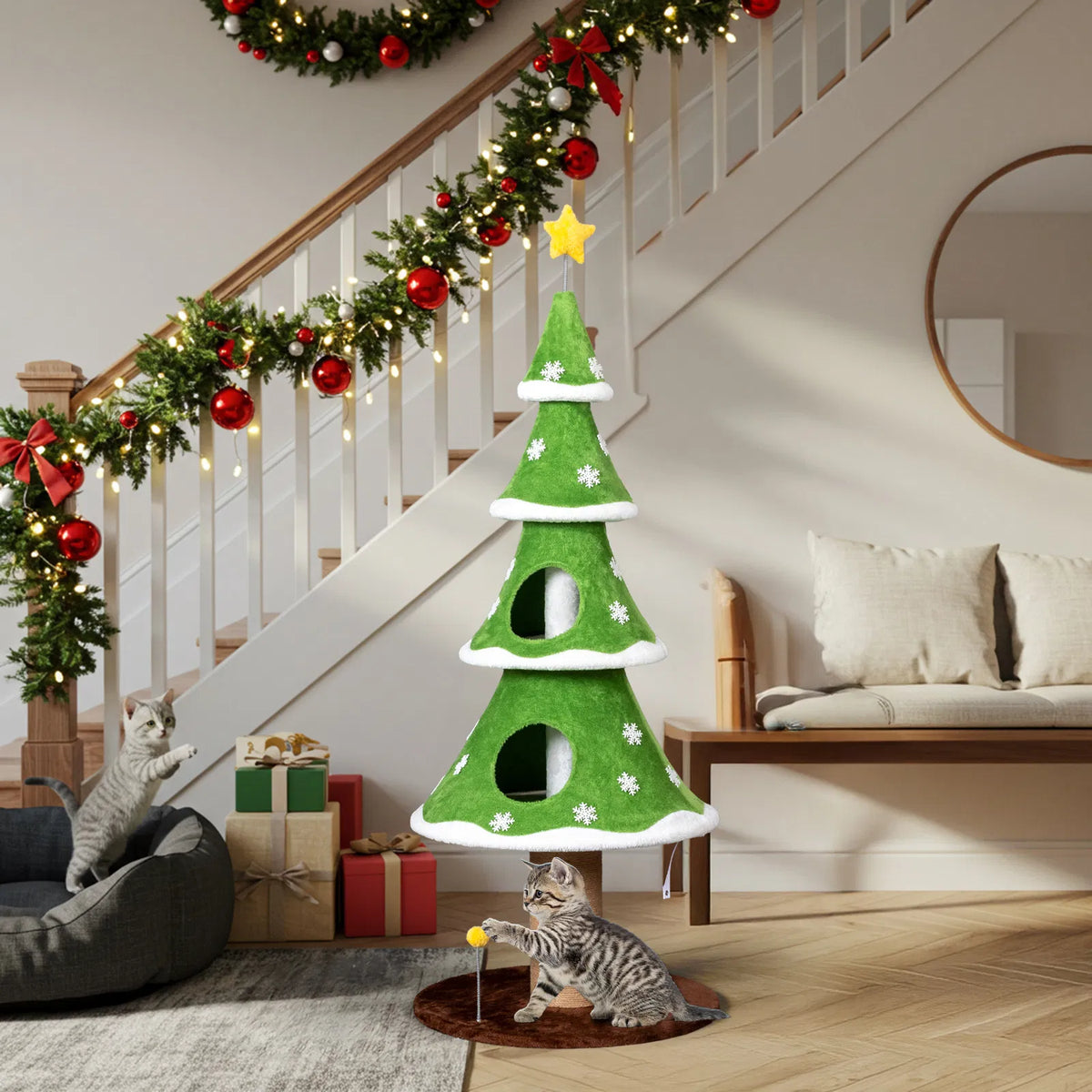 59in Large Tall Christmas Tree Cat Tower with 2 Cat Condos & Scratching Post, Soft Fleece Cat Tree with Teaser Toy & Sturdy Base & Built-in Openings