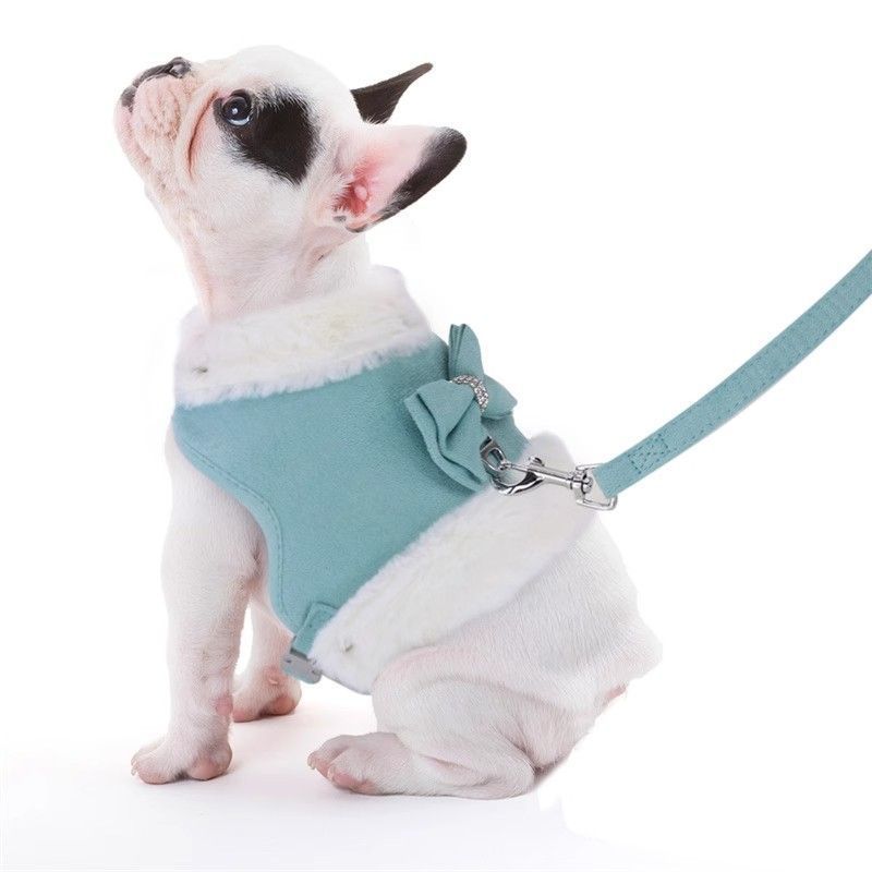 Cute Warm Small Dog Harness And Leash Set With Bow Tie, Soft Padded Puppy Harness With Removable Fur Collar, Adjustable Girl Dog Harness With Quick