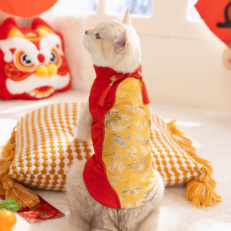 Warm Chinese Plum Blossom Patterned Tang Suit, Button-up Vest, Small Dog Teddy Pet Clothes For Cats In Autumn And Winter