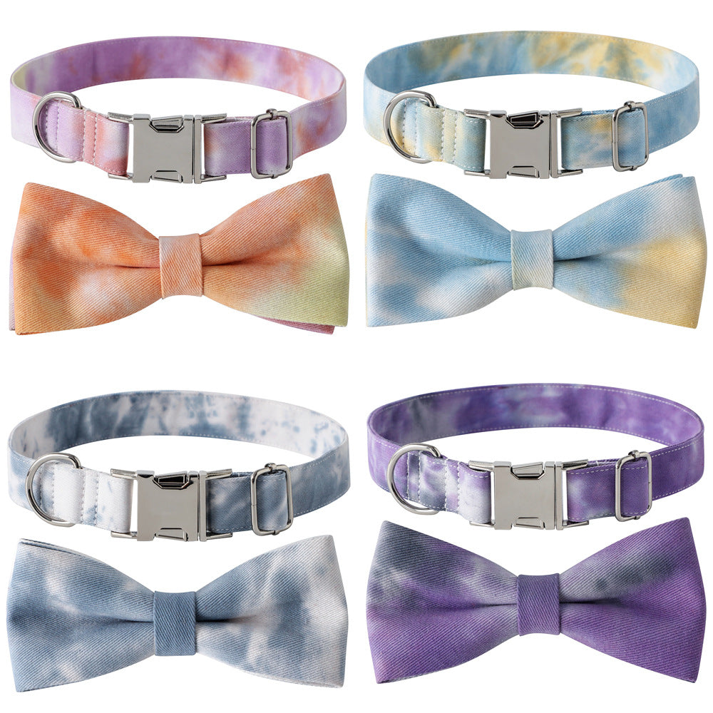 New Cotton Tie-dye Pet Collar Alloy Buckle Bow