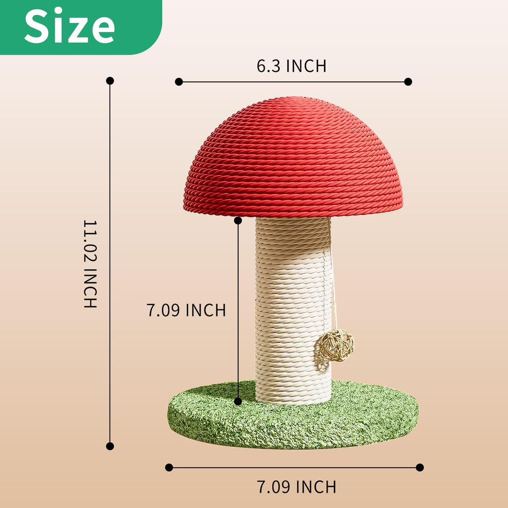 Mushroom Cat Scratching Post 11inch For Kitten & Small Cats, Mini Cat Tree Stable Base, Natural Sisal Scratcher With Hanging Ball, Space Saving Indoor