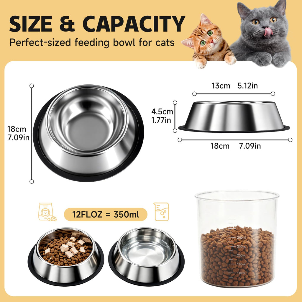 Stainless Steel Food Water Shallow Whisker Friendly Cat Pet Bowl Metal Dish,Removable Base,2-pack Set,12 FL OZ 350 Ml,Easily Clean,Dishwasher Safe,for