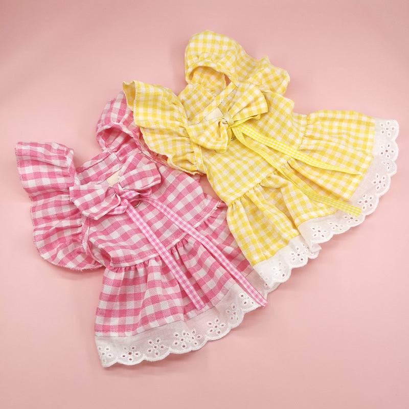 Pet Flying Shoulder Sleeve Plaid Lace Dog Skirt
