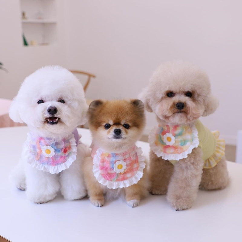 Cute Dog Plaid Lace Bib Pet Saliva Towel