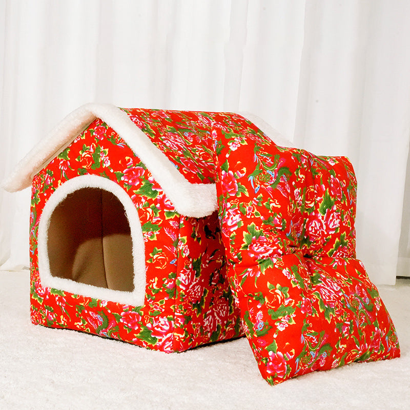 Chinese Style Cat Nest For Winter, Warm And Closed Cat House, Safe, Universal, For All Four Seasons, Super Large, Large Flower Jacket