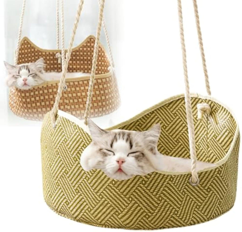 Breathable Cat Hammock - Rattan Crafted Cat Cage With Metal Hooks - Indoor Outdoor Pet Bed- Comfortable Cat Perch For Sleeping Playing Climbing, And