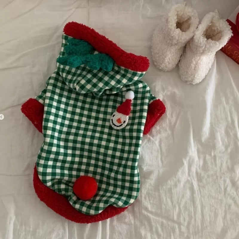 Fashion Plaid Dog Hoodies Christmas Pet Princess Dress Winter Warm Puppy Pullovers Snowman Pattern Cat Skirt Bichon Dog Clothes