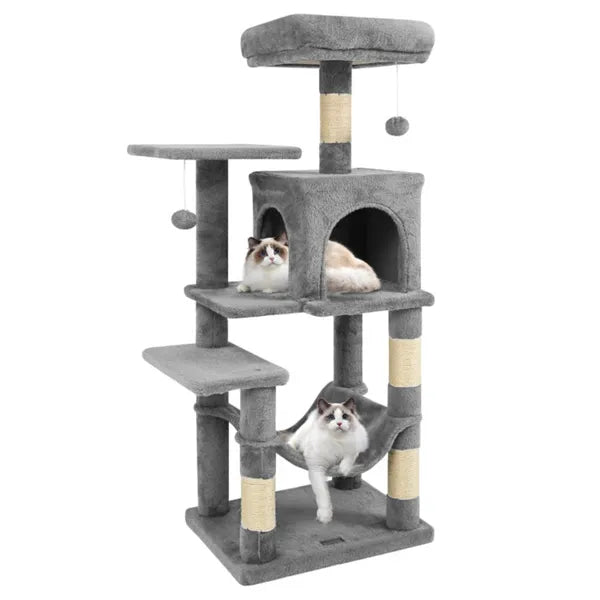 44" Multi-Level Cat Tree With Spacious Top Perch, 2-Door Condo & Hammock For Indoor Cats -Light Gray