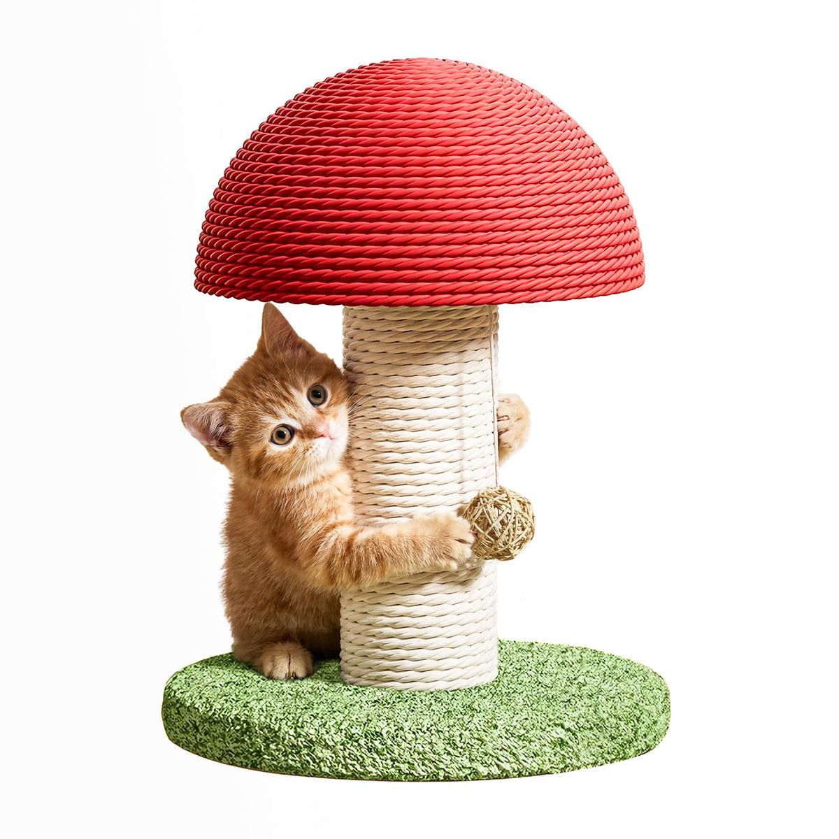 Mushroom Cat Scratching Post 11inch For Kitten & Small Cats, Mini Cat Tree Stable Base, Natural Sisal Scratcher With Hanging Ball, Space Saving Indoor